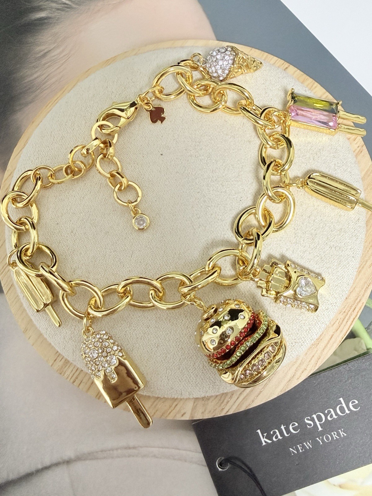 Kate Spade FAST FOOD CHARM Gold Plated Brass CZ Crystals Charm Bracelet