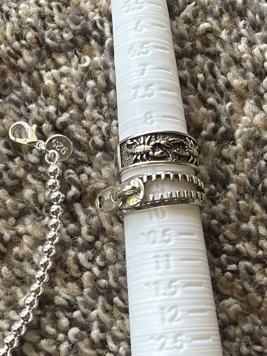 Sterling Silver 925 Adjustable Scorpion and Zipper Ring Set w/ 925 bracelet