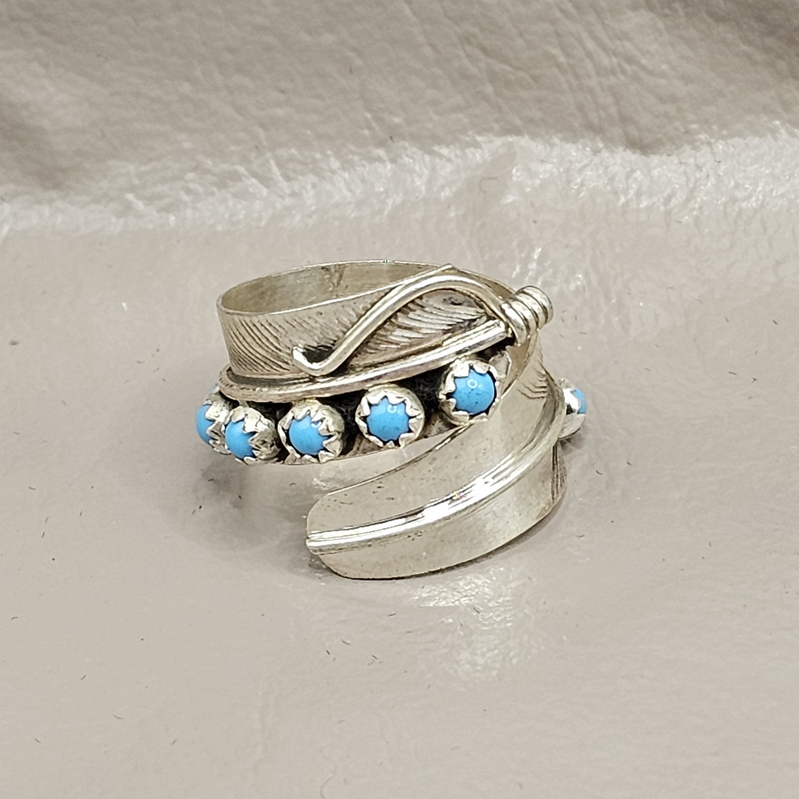 Native American Sterling Silver Turquoise Feather Ring Size 7 Signed