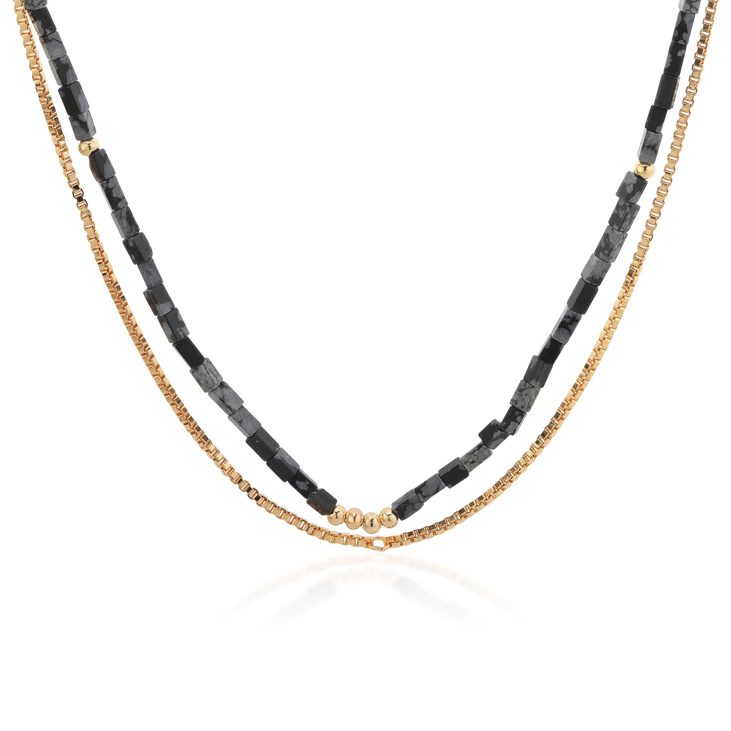 18K Yellow Gold Plated Double Black Gray Beaded Chain Layering Necklace For