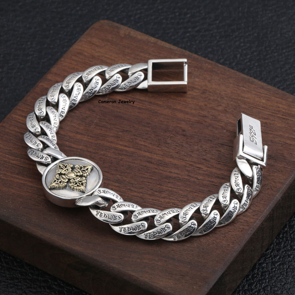 Pure S925 Sterling Silver Chain Round Six Wirds Curb Link Bracelet 7.1-8.7inch