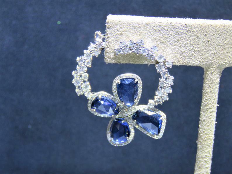 15.68 Carat Large Radiant Blue Sapphire With Shiny CZ Butterfly Fashion Earrings
