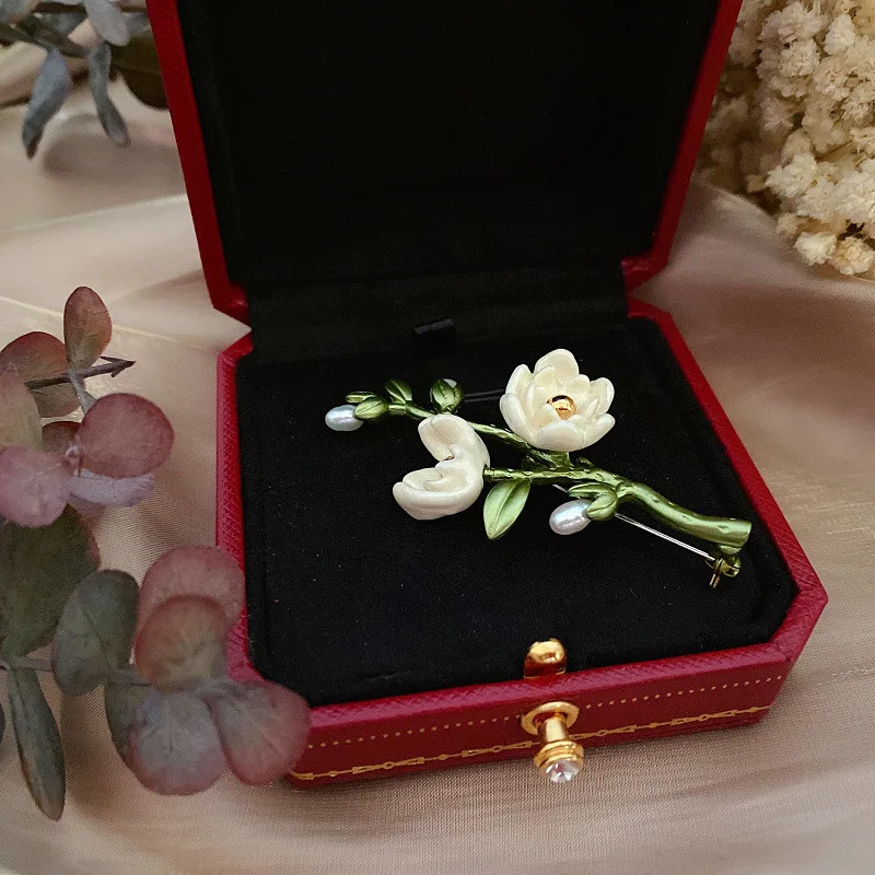 Green Color Plant Pearls Pin Tree Lotus Leaf Blueberry Cherry Flower Brooch