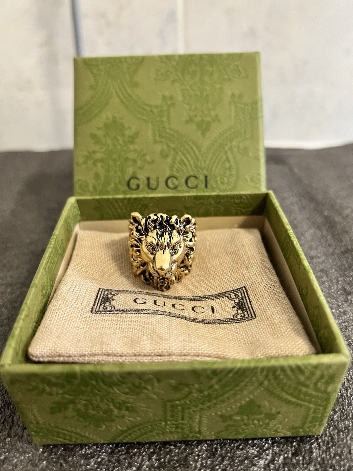 Gucci Lion Head Ring Gold Metal Rare Size IT25 US11 65mm Cat Feline Tiger Garden