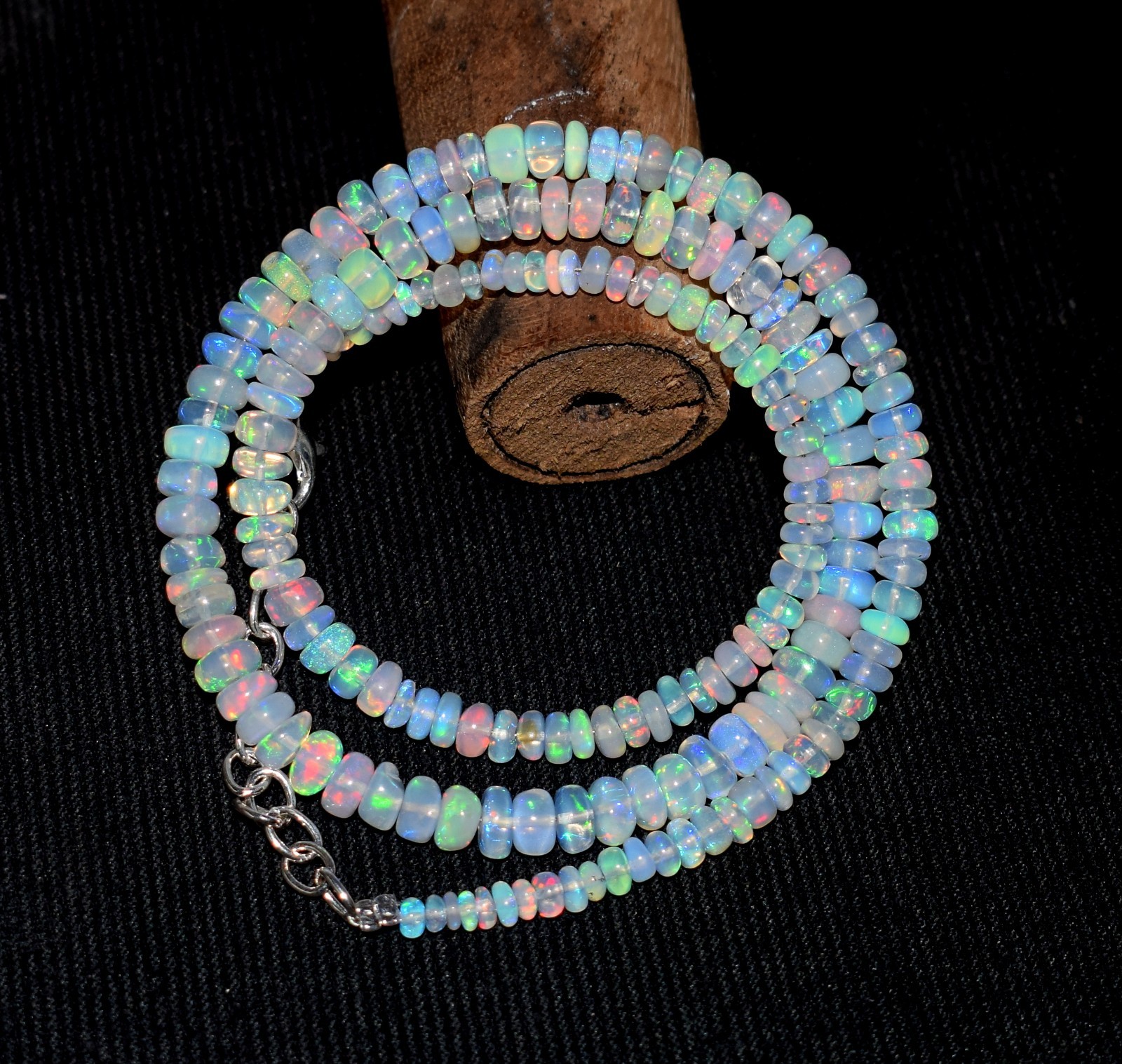 16″Natural Ethiopian Opal Wello Fire Opal Gemstone Bead Necklace