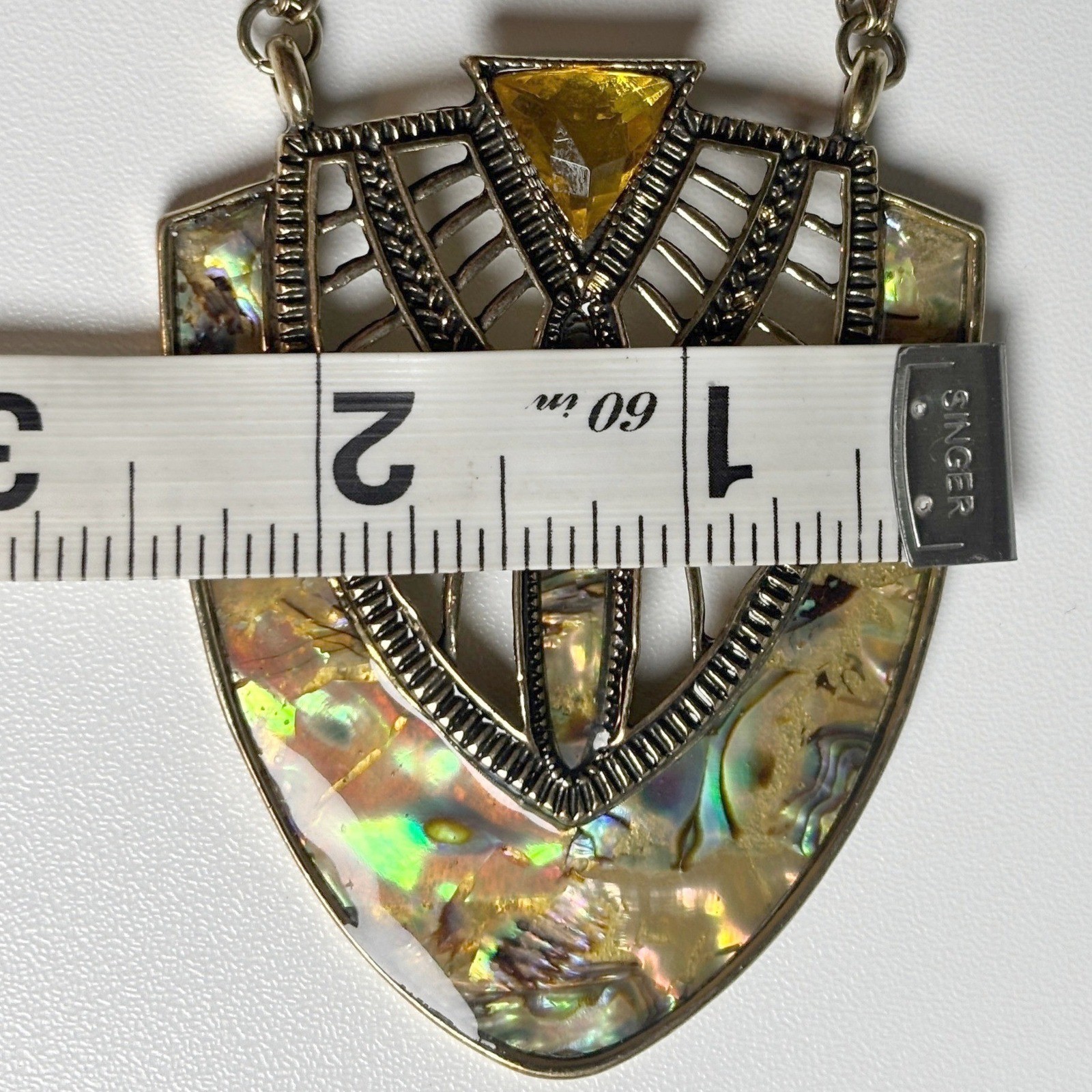 Art Deco Statement Long Necklace 32in Gold Abalone Shield Pendant Geometric