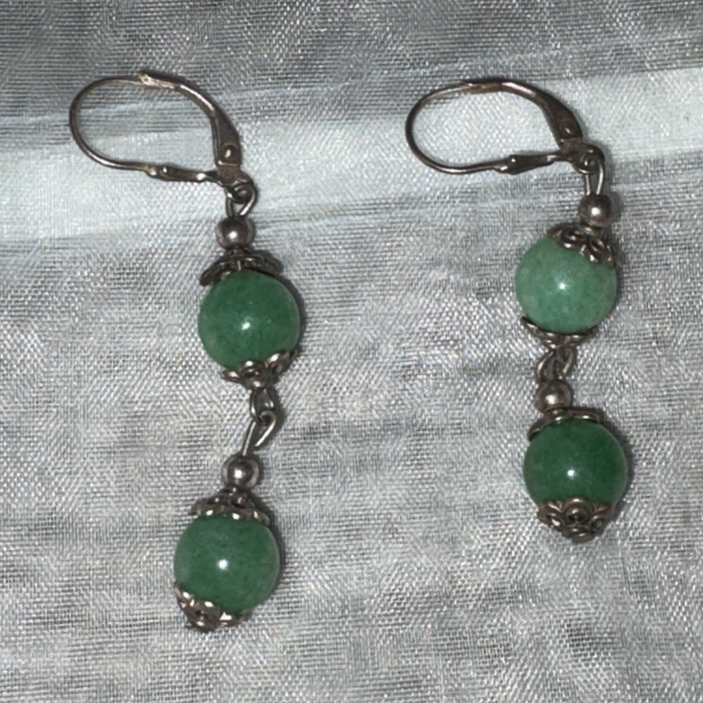 Sterling Silver Green Round Jade Stones Dangle/Drop Leverback Earrings
