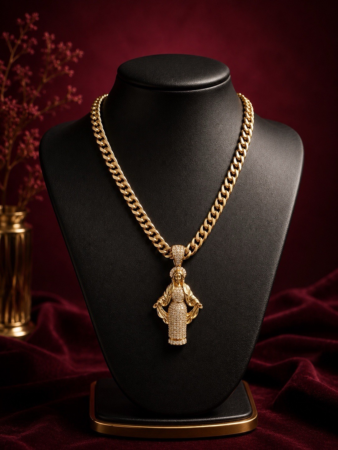 Gold plated none tarnishedCuban Link Chain Religious Necklace w/ Rhinestone