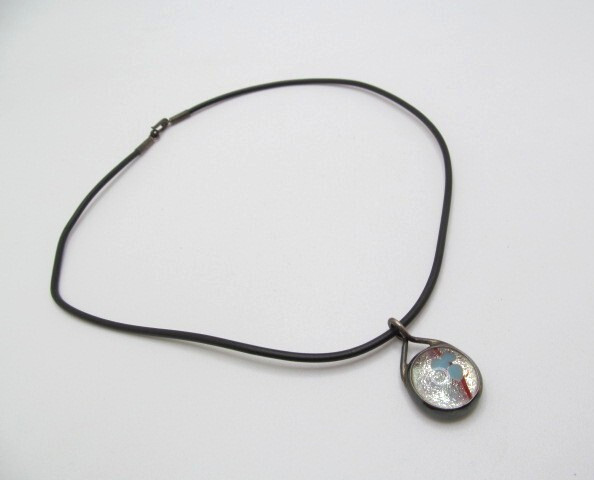925 Sterling Silver Abstract Blue Dot Glass Foil Pendant Rubber Cord Necklace