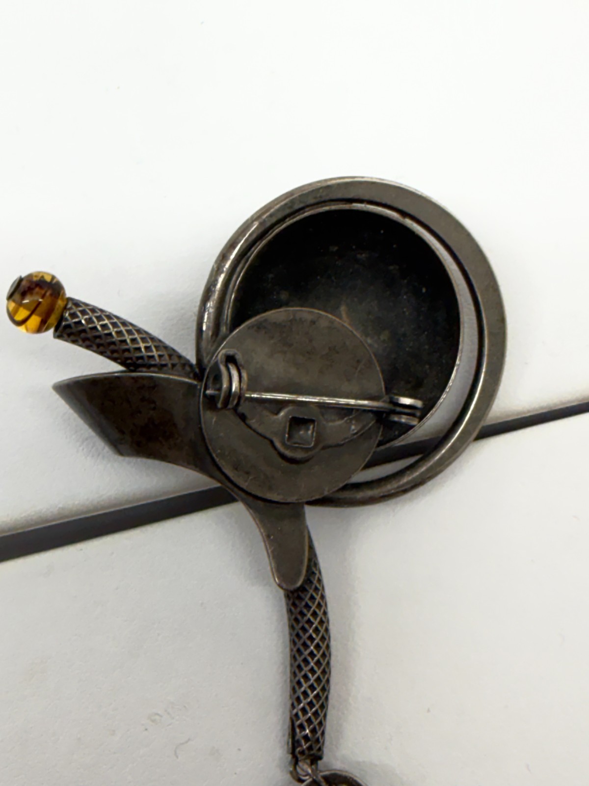 Vtg Studio Modernist oxidized Silver Brooch amber cab patina Scandi?