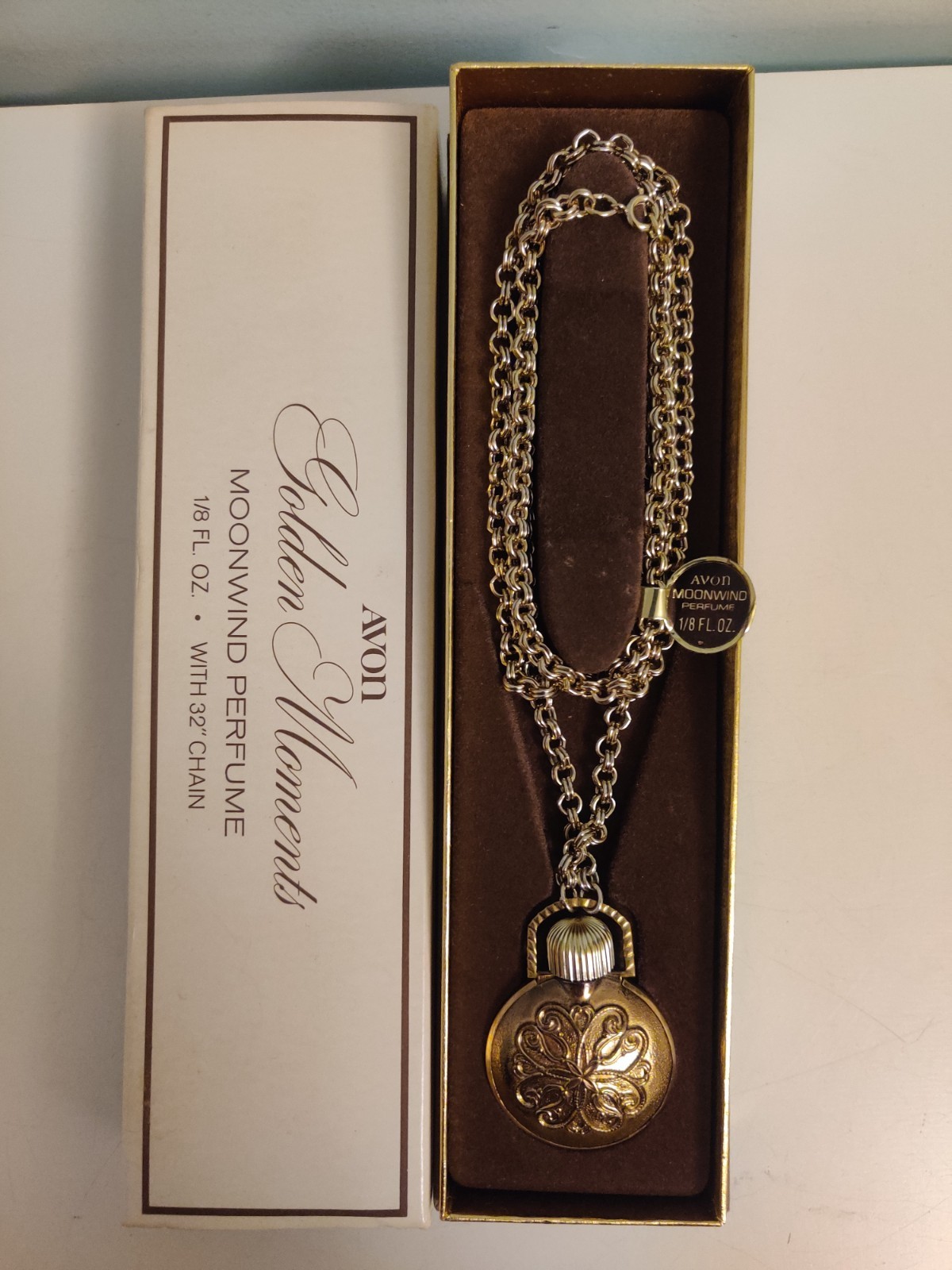 AVON MOONWIND ENAMEL POCKET WATCH 32 in NECKLACE PERFUME BOTTLE New w Box