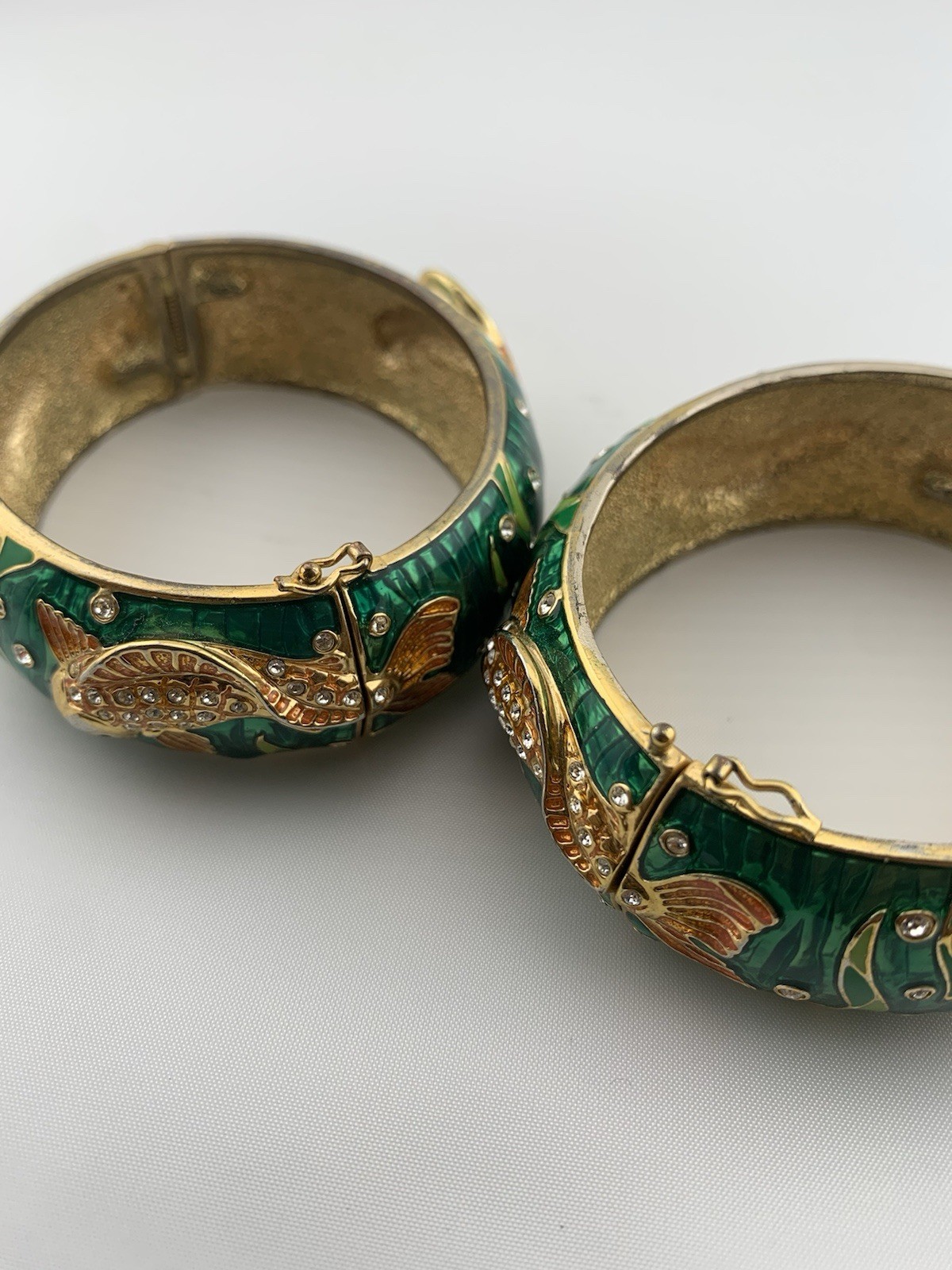 Vintage Koi Fish Enamel Hinged Bangle Bracelet Green Gold Tone Rhinestone Cuff