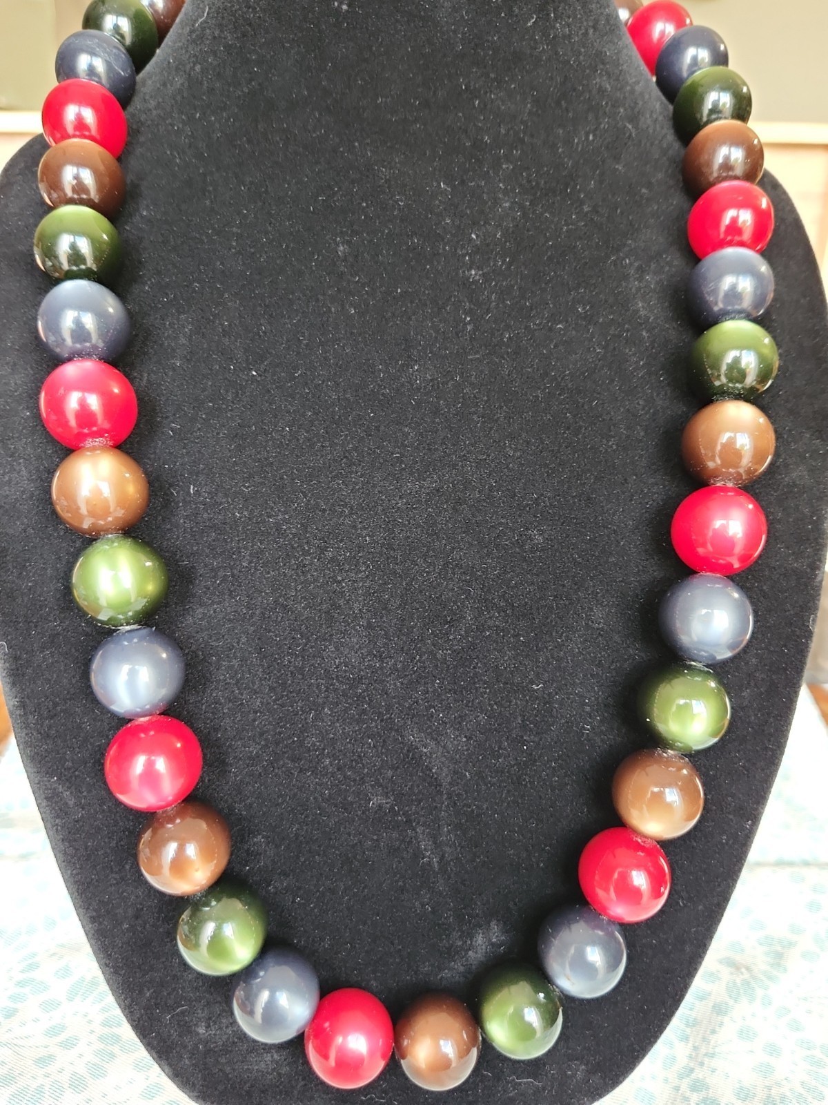 Moonglow Glass Beaded Chunky Necklace Brown Green Blue and Red Shiny