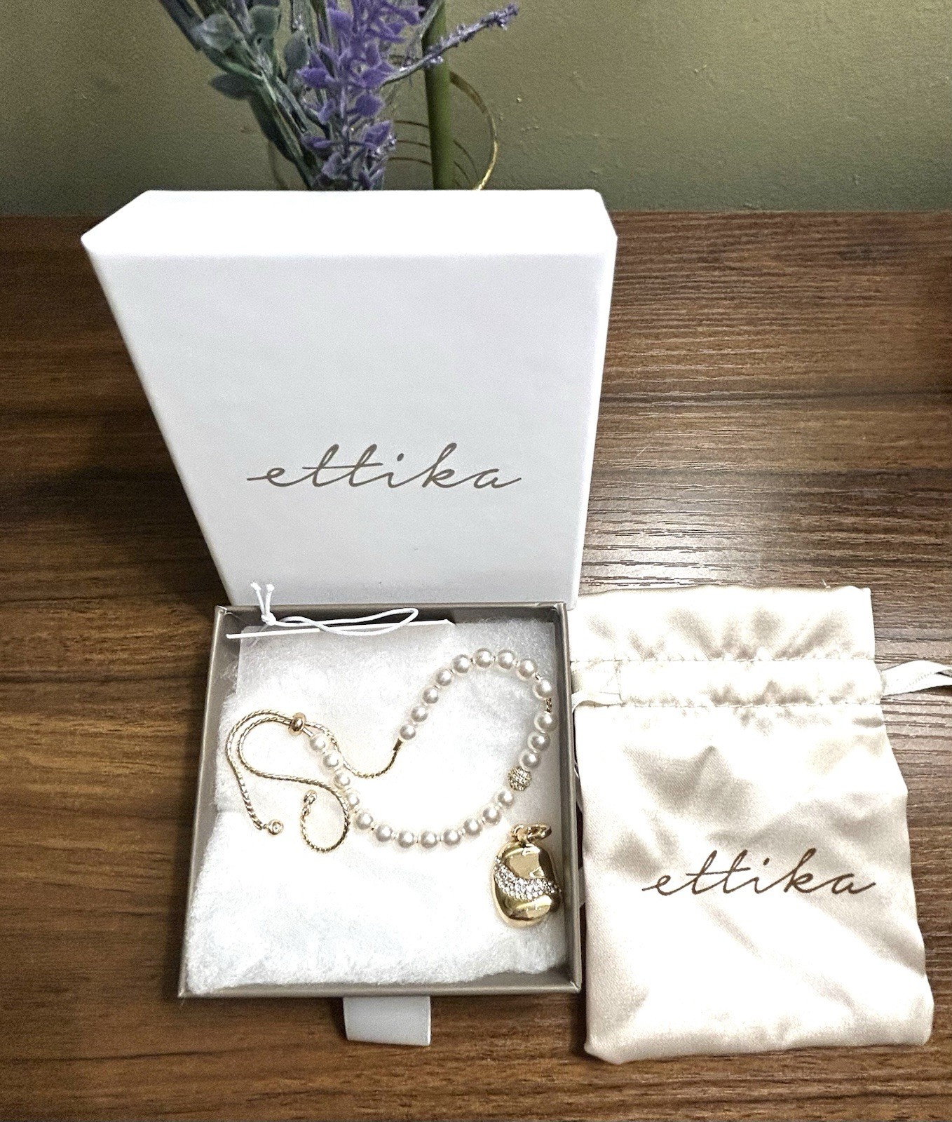 Ettika Pearl Slider Bracelet & Crystal Wave Charm Set 18k Gold Plated NIB