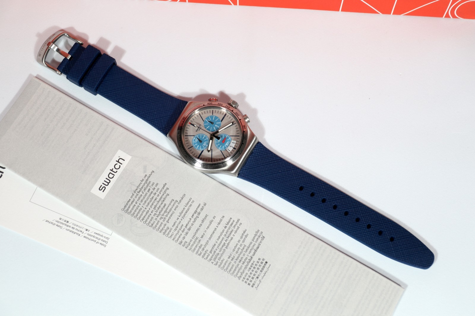 NEW Rare Swiss Swatch Irony BLAU ME ON Silicone Blue Chrono Watch 43MM YVS435