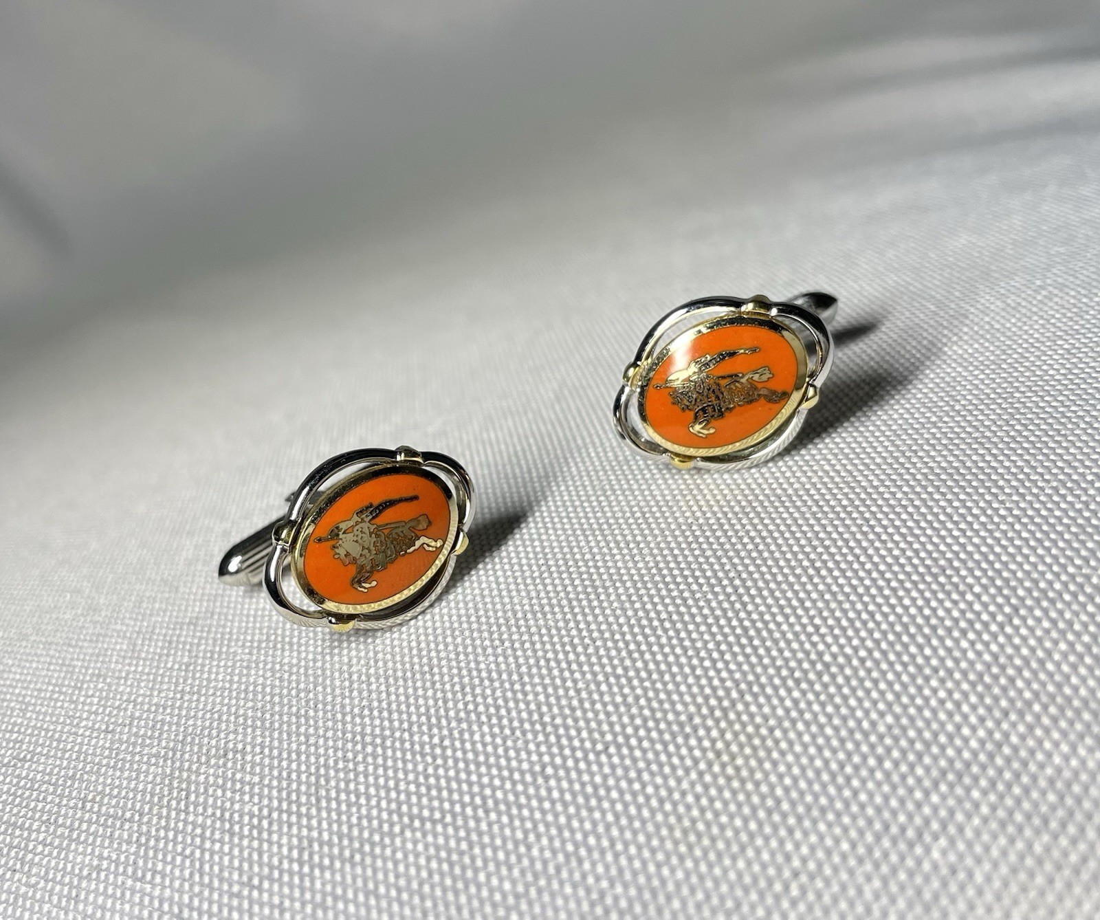 Auth [Beautiful] Burberry Equestrian Knight Logo gold&silver&Orange Cufflinks
