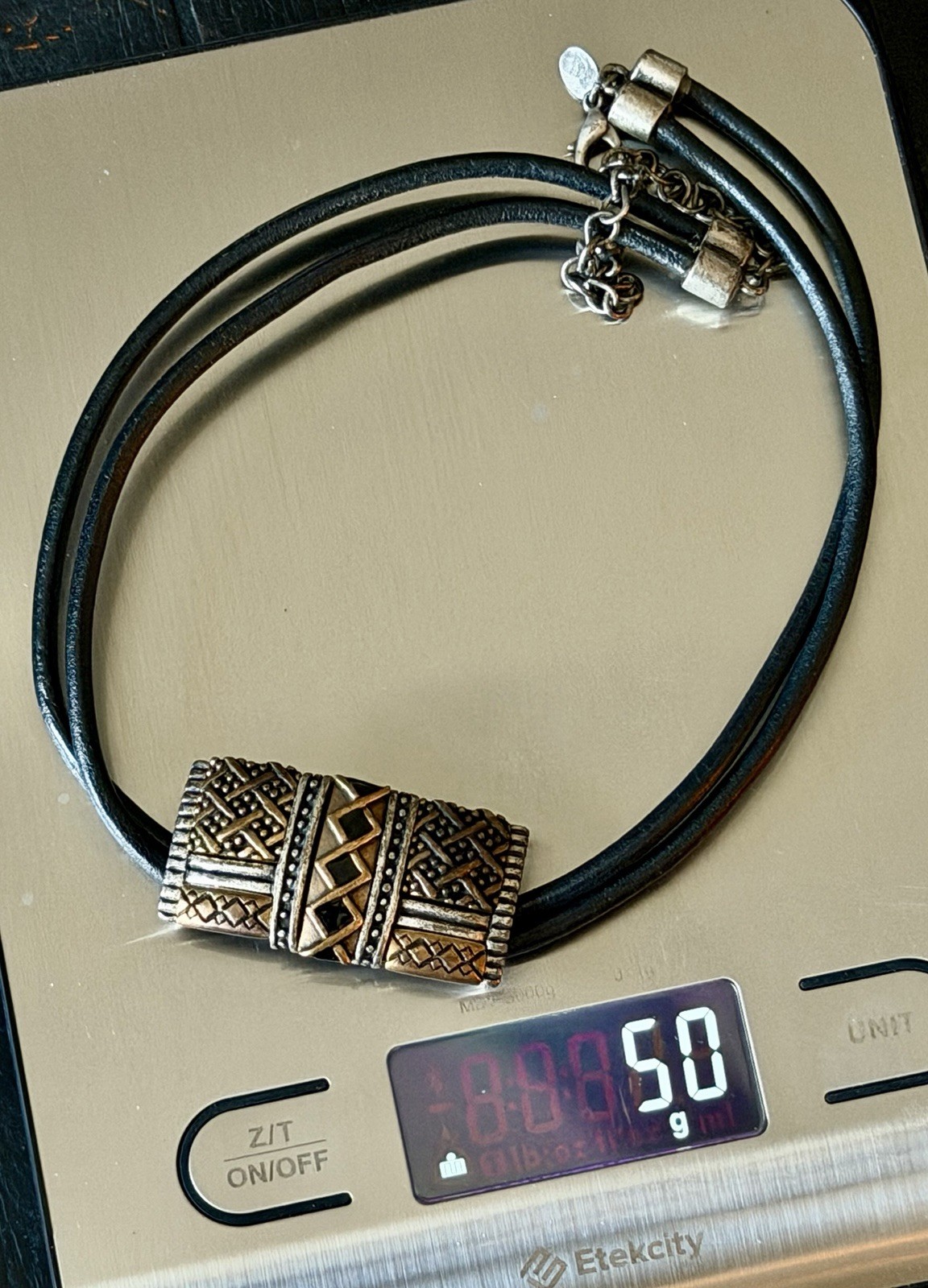 Chico’s Leather 2-Strand Choker Necklace Multitone Aztec Style Pendant Slide 50g