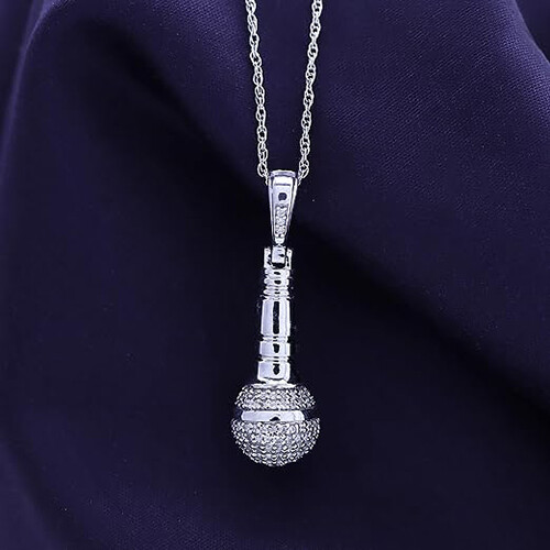 Microphone Pendant 18″ Necklace 925 Sterling Silver Round Cut Cubic Zirconia
