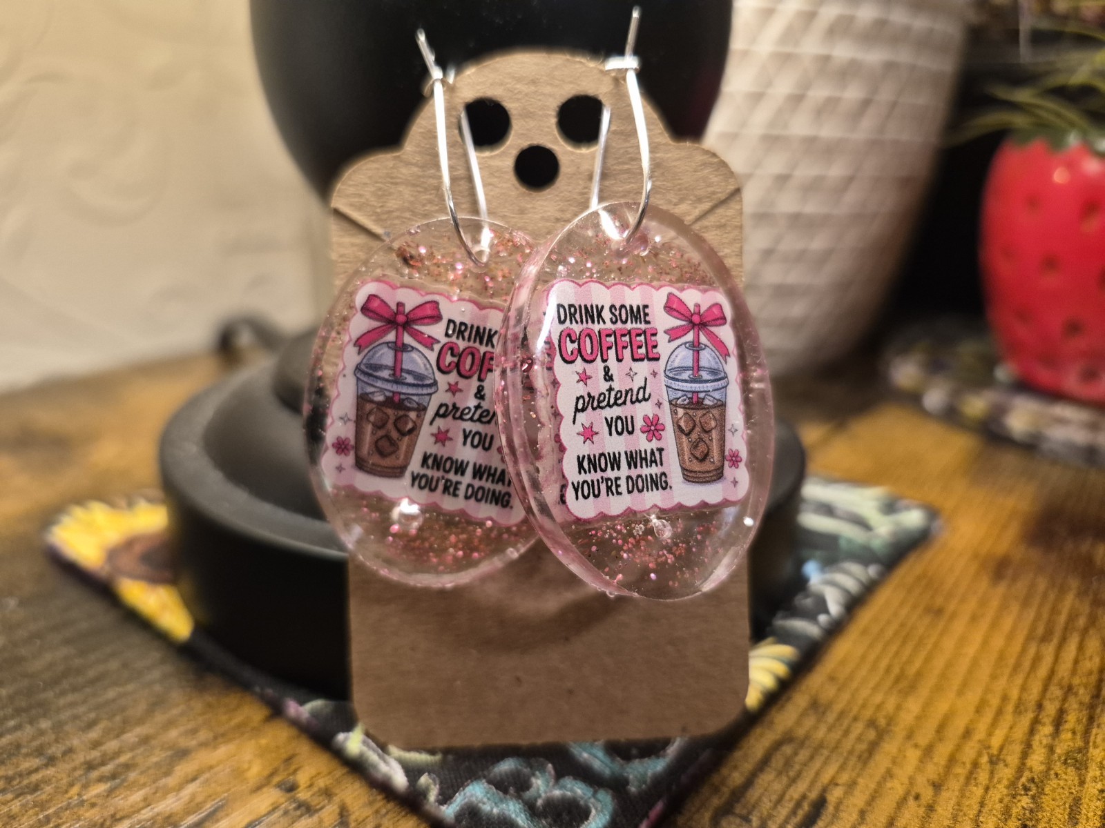 Handcrafted Pink Glitter Resin Oval Coffee Quote Dangle Earrings, Silver Hook