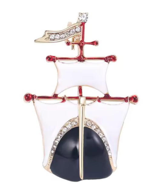 Enamel Sailboat Brooch Rhinestone Nautical Ship Pin Ocean Cruise Jewelry Gift
