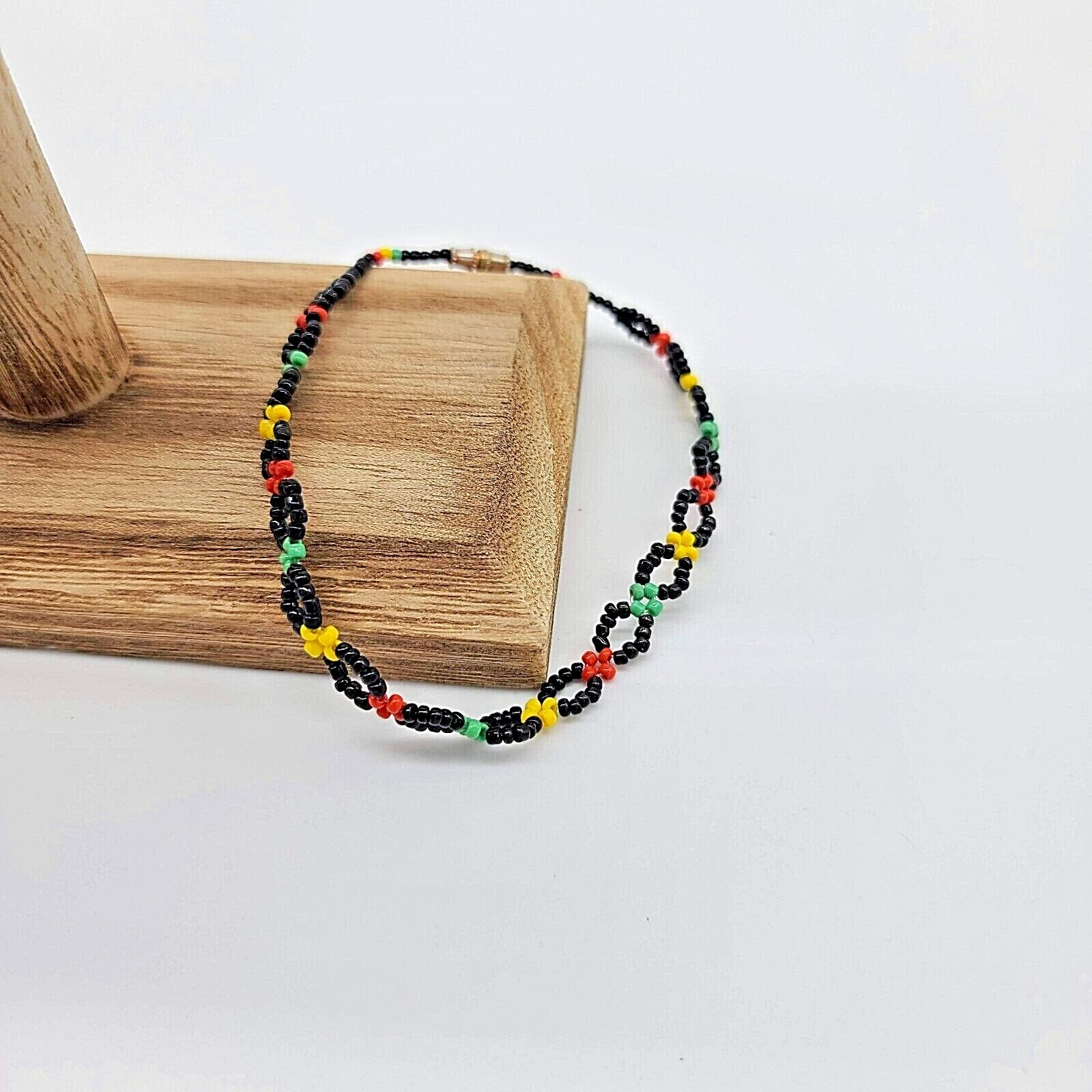 Black, Yellow, Red & Green Seed Bead Woven Anklet