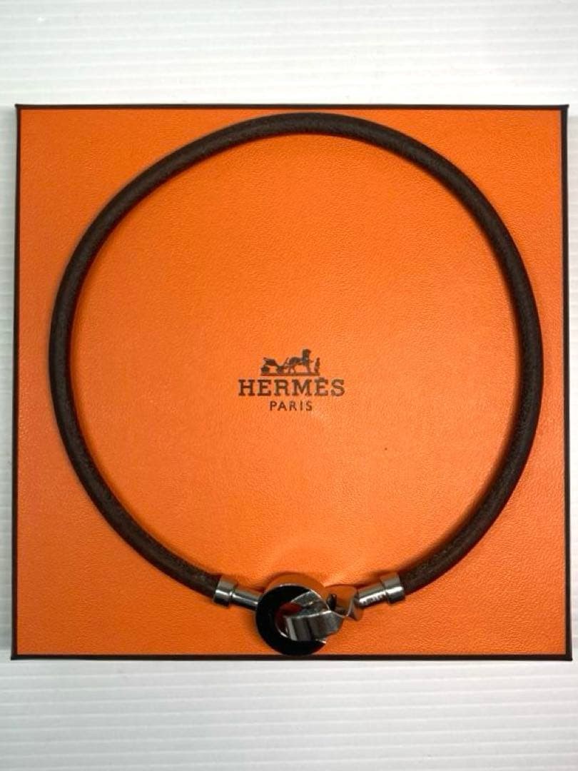 HERMES Lancelot Choker Double Wrap Bracelet Leather Dark Brown Silver w/ Box