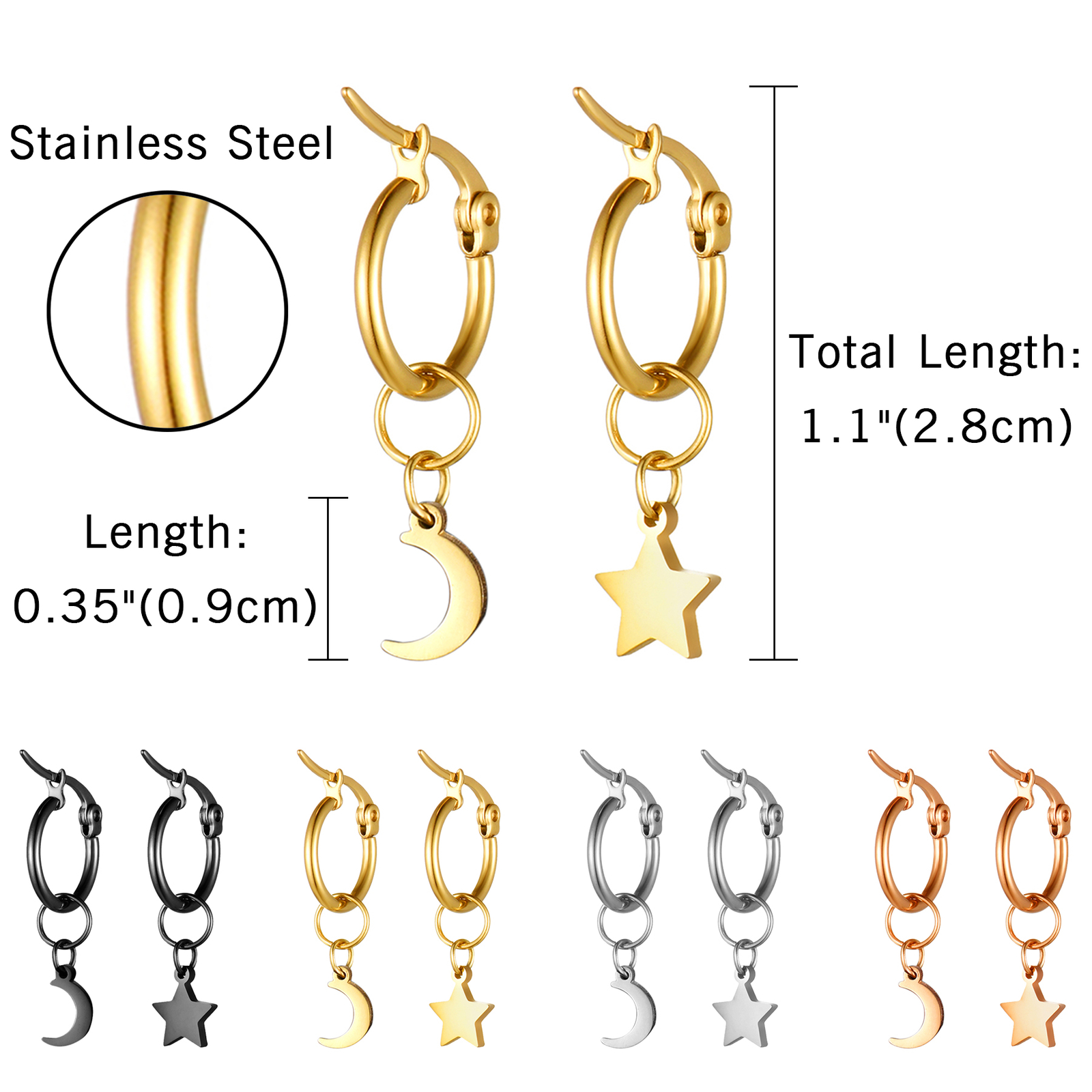 2Pcs Women Mens Stainless Steel Star Moon Asymmetrical Dangle Drop Hoop Earrings