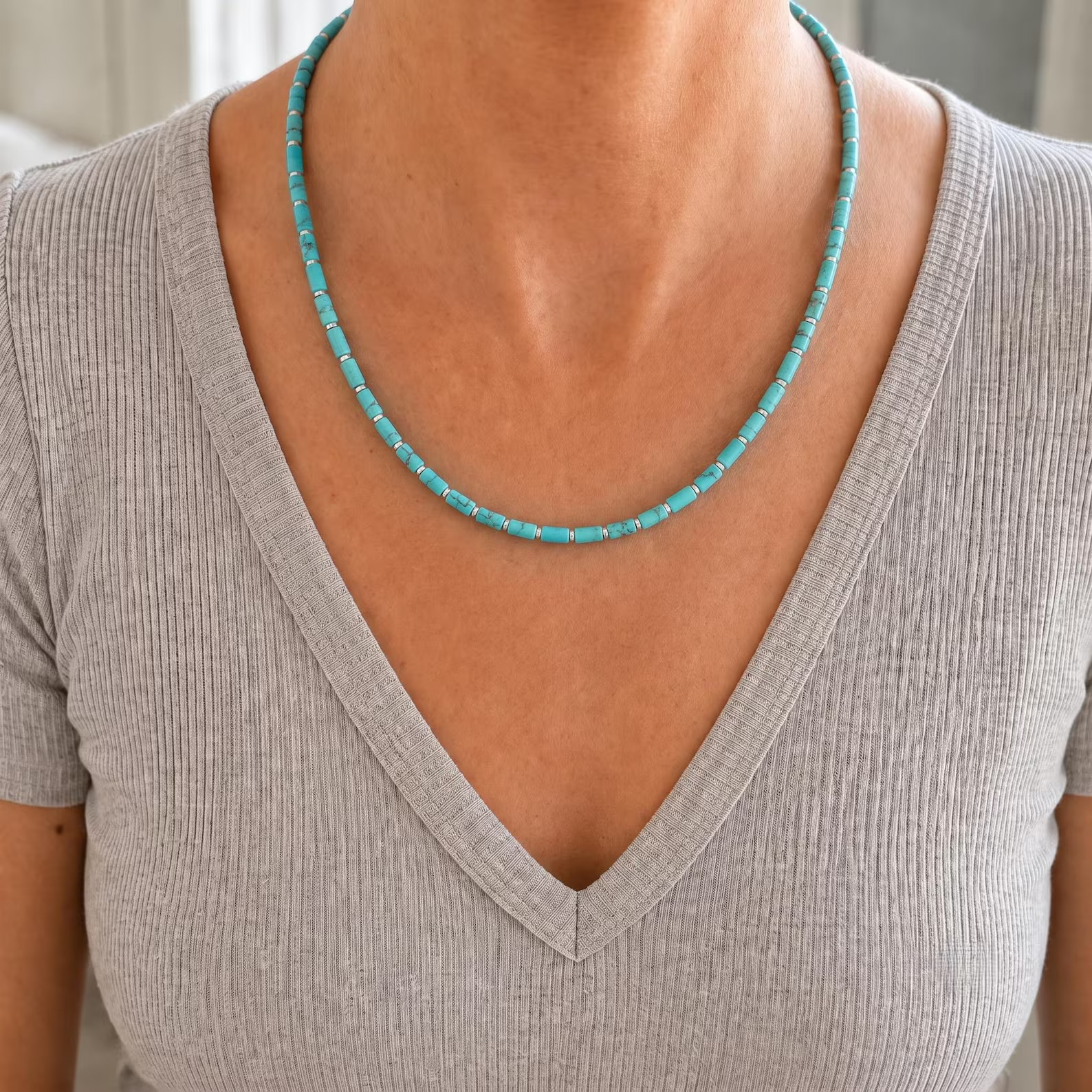 Arizona Turquoise Necklace | 4x6mm Blue Gemstone Beads | Sterling Silver, Unisex