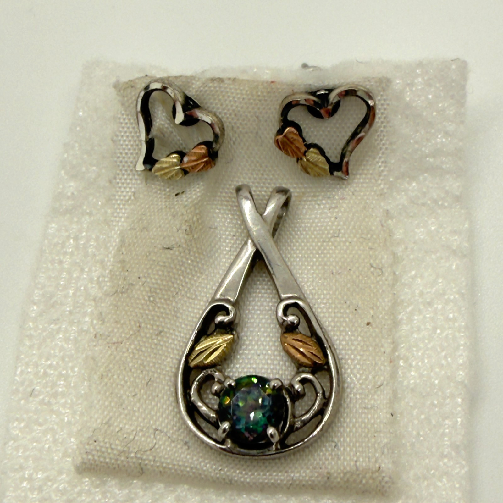 Landstrom’s Black Hills Gold Silver Heart Stud Earrings Mystic Topaz Pendant Set