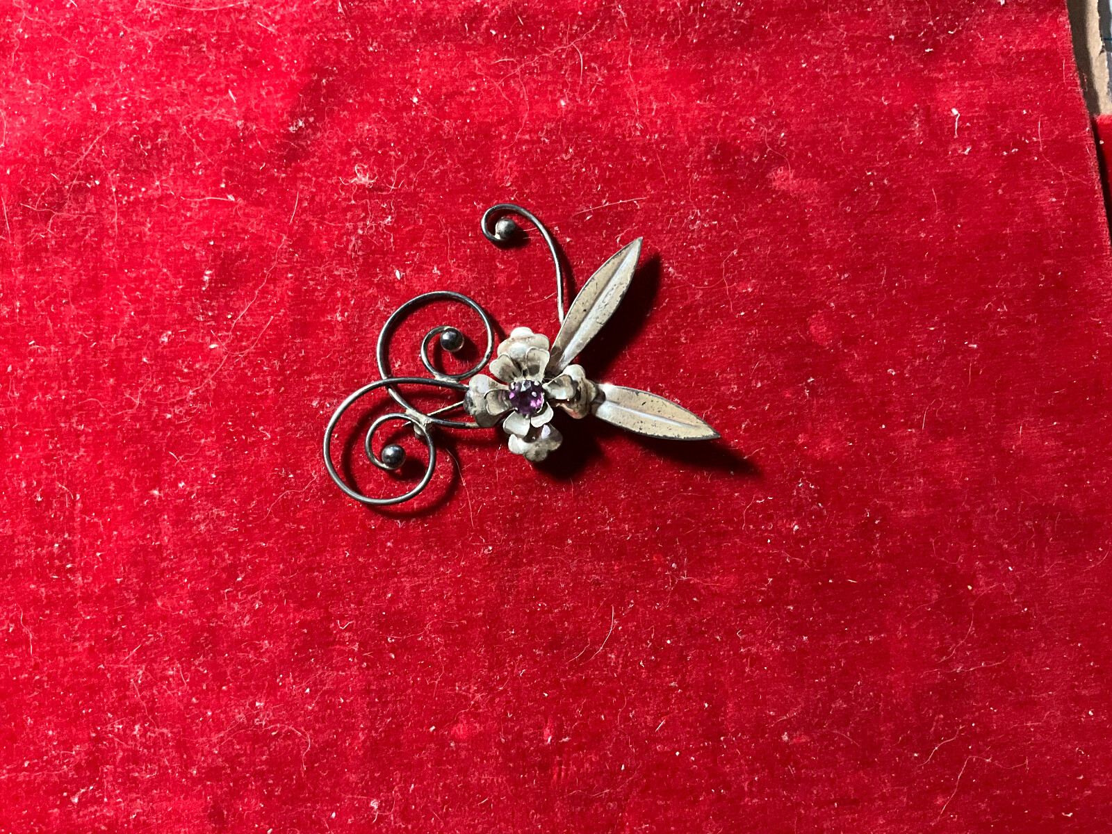 1940’s Sterling Silver & Purple Glass Floral Brooch Pin 2 x 2 1/2 inches 7 gm