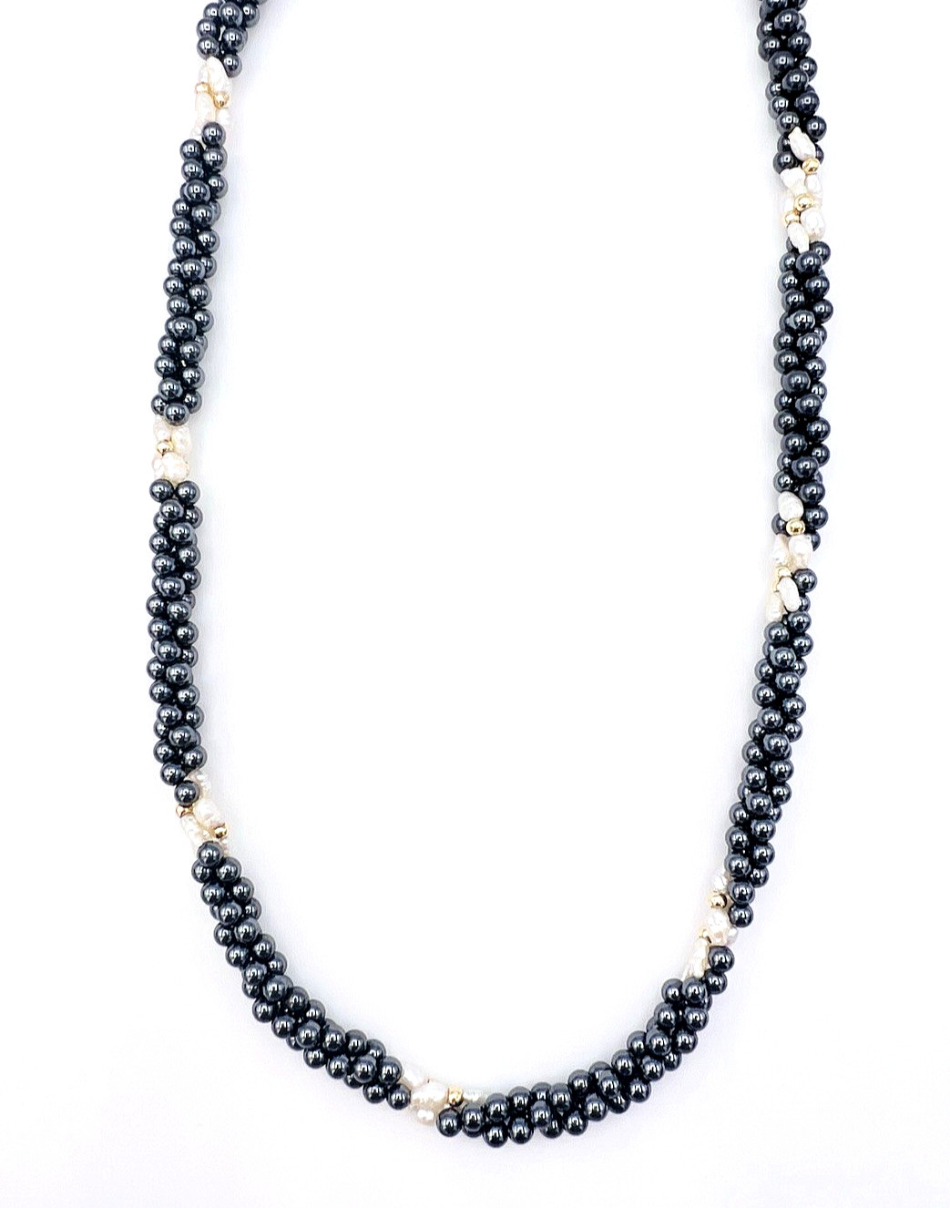 Vintage Twisted Hematite Rice Pearl 14K Gold Bead Necklace 30 in