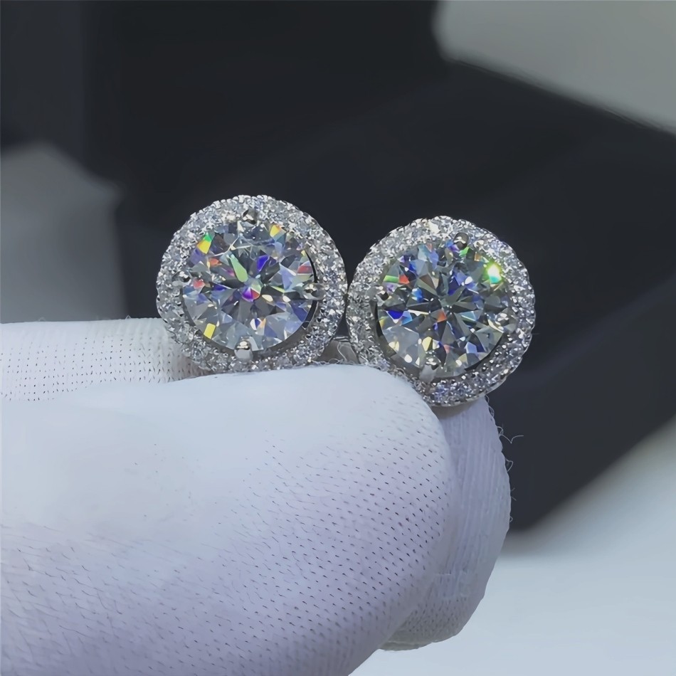 Classic Halo Zircon Stud Earrings Silver Plated Straight Needle Mini Daily Studs