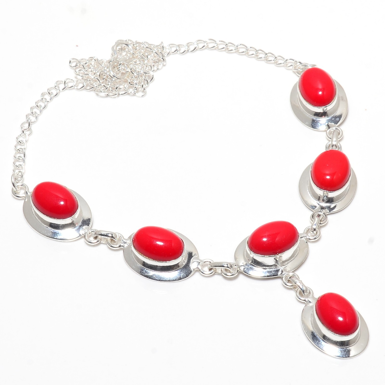 Red Coral Gemstone Handmade 925 Sterling Silver Jewelry Necklace 18″