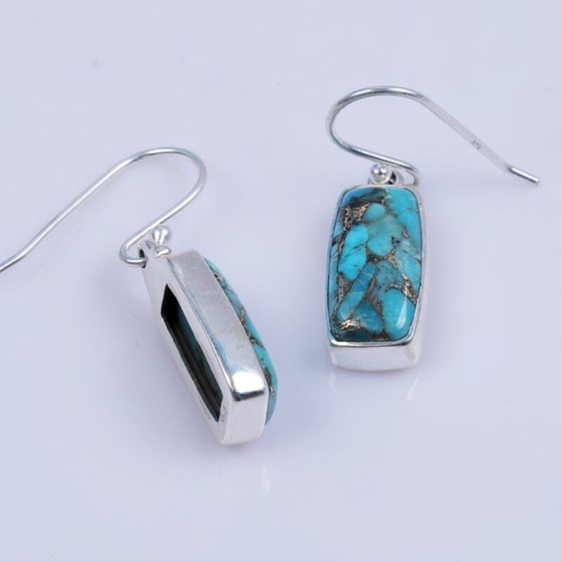 925 Sterling Silver Handmade Blue Copper Turquoise Dangle Earrings