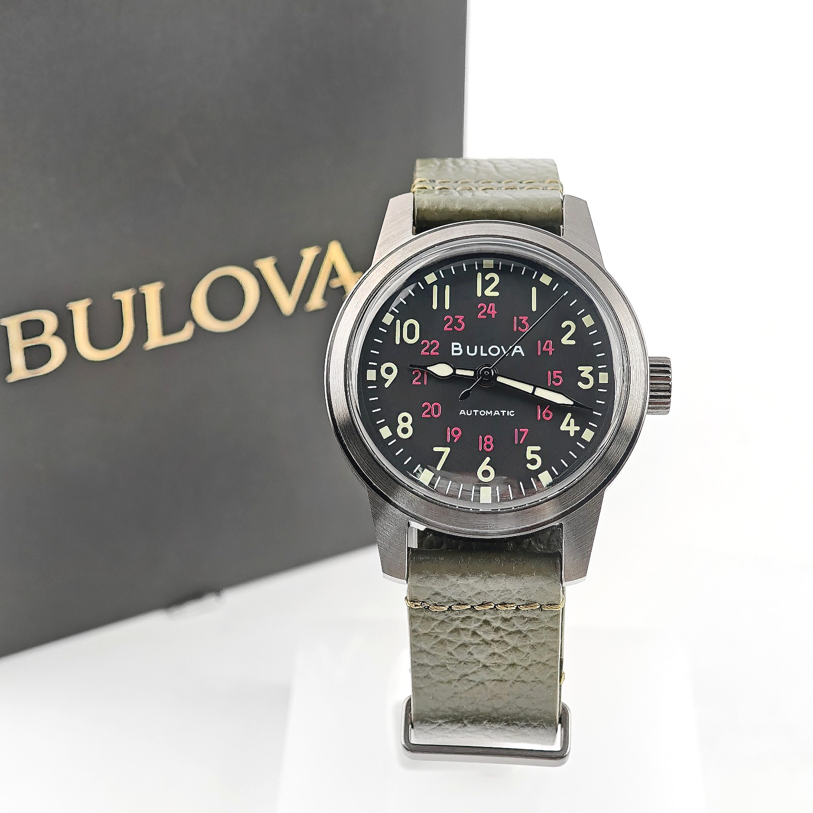 Bulova Military Hack 98A255 Men’s Black Dial Green Leather Strap Automatic Watch
