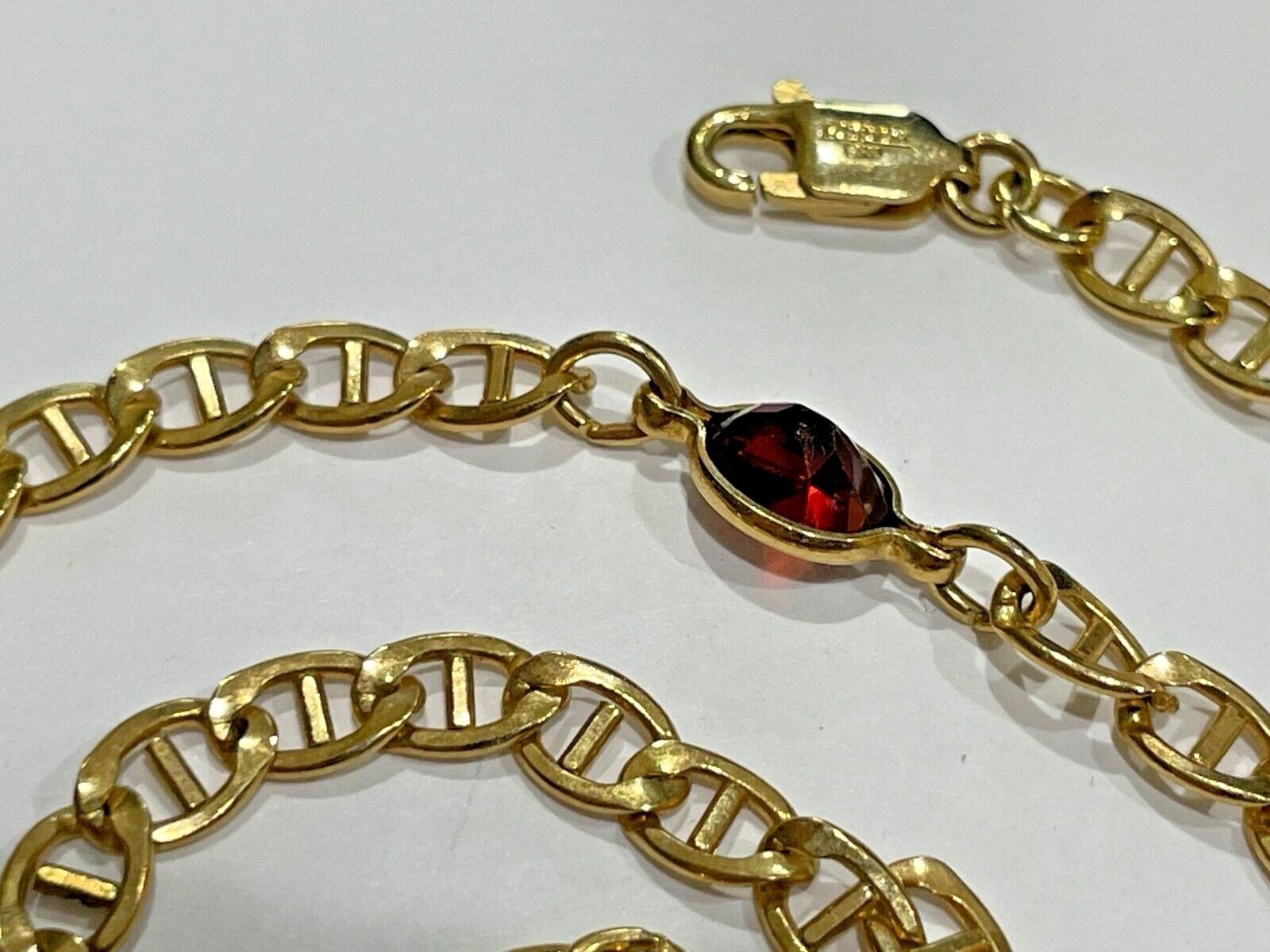 Vtg 1/30 14K Gold Over Sterling Mariner Link Red Glass Station Necklace 17.5″