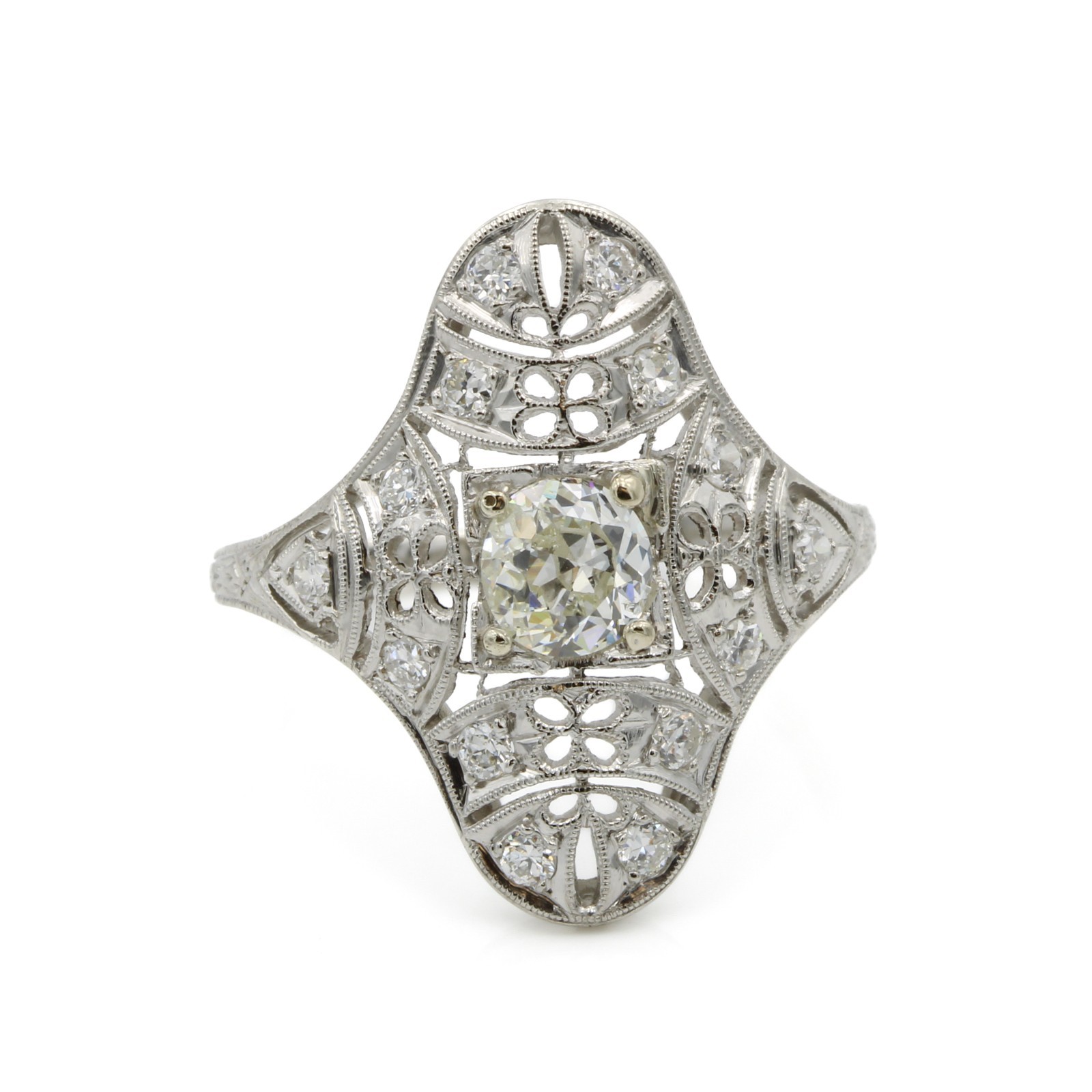 Edwardian Platinum Die Struck 0.78ctw Diamond Filigree Sz 8 Ring #E139033-1