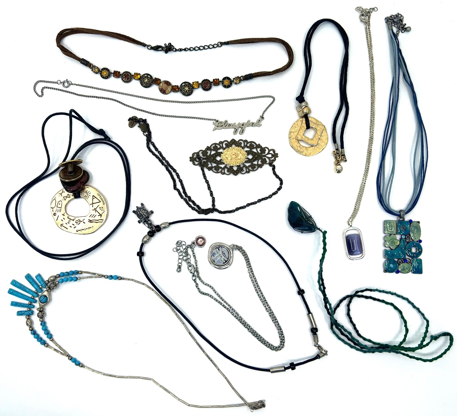 Necklace Lot 11 Retro 1980s 1990s Fashion Enamel Sterling Leather Metal RS Rock