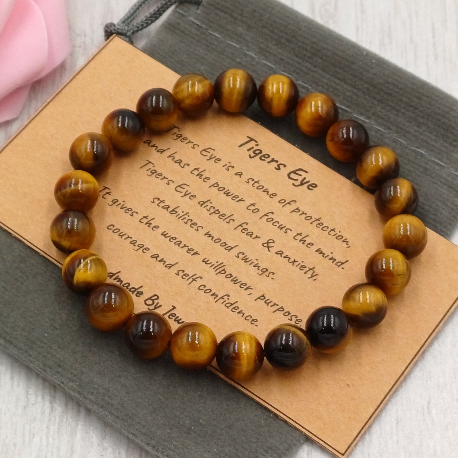 Handmade 8mm Crystal Healing Chakra Gemstone Bead Bracelet & Velvet Pouch.
