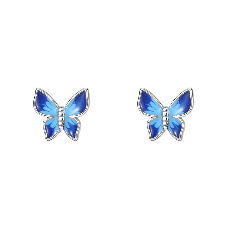Women 925 Sterling Silver Blue Enamel Butterfly Stud Post Earrings Gift F29