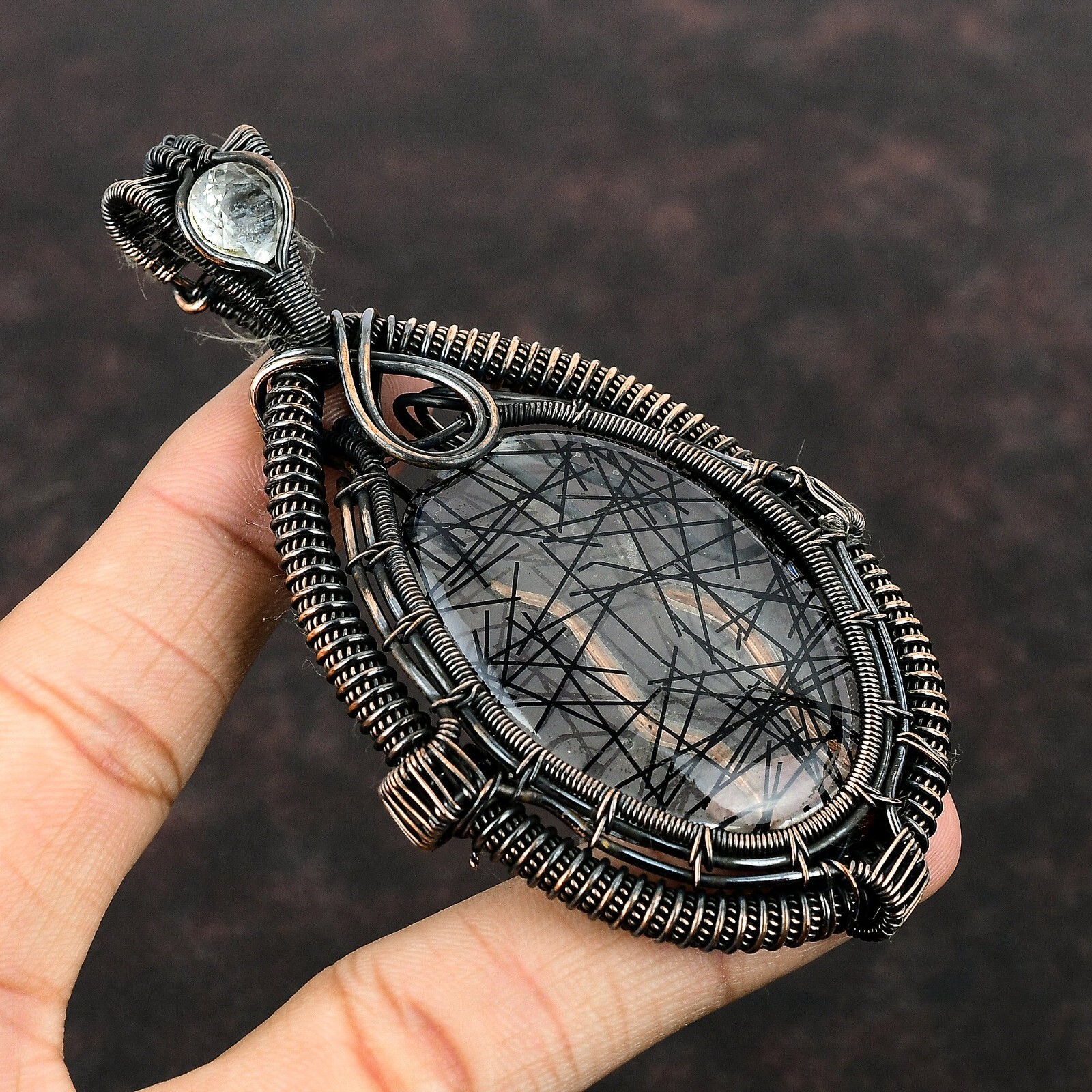 Black Rutile Jewelry Copper Gift For Bridesmaid Wire Wrapped Pendant 3.94″