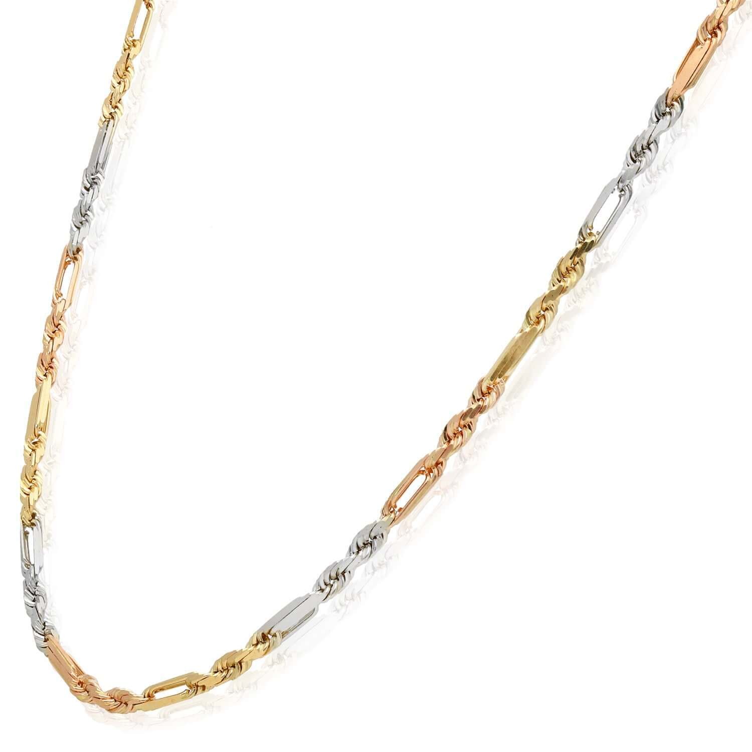 14K Tri-Color Gold Rose White 3mm Figarope Chain (Solid Links) 22″-26″