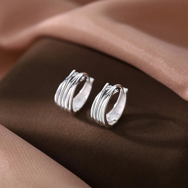 925 Sterling Silver Chunky Hoop Earrings Geometric Layered Huggie Women Gift