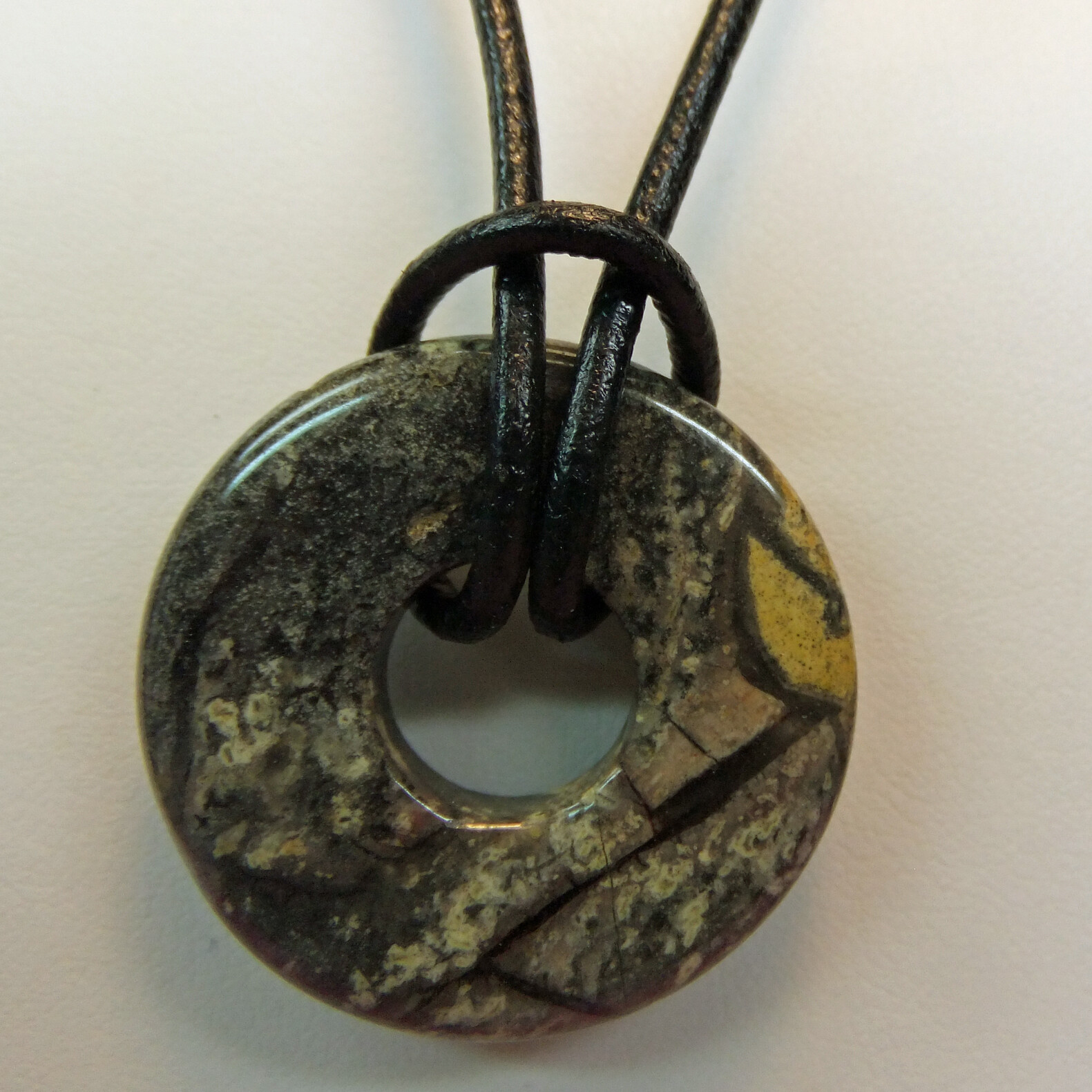 Black Gray Yellow Jasper Small 1 1/8″ Stone Donut Leather Cord Necklace NEW #64