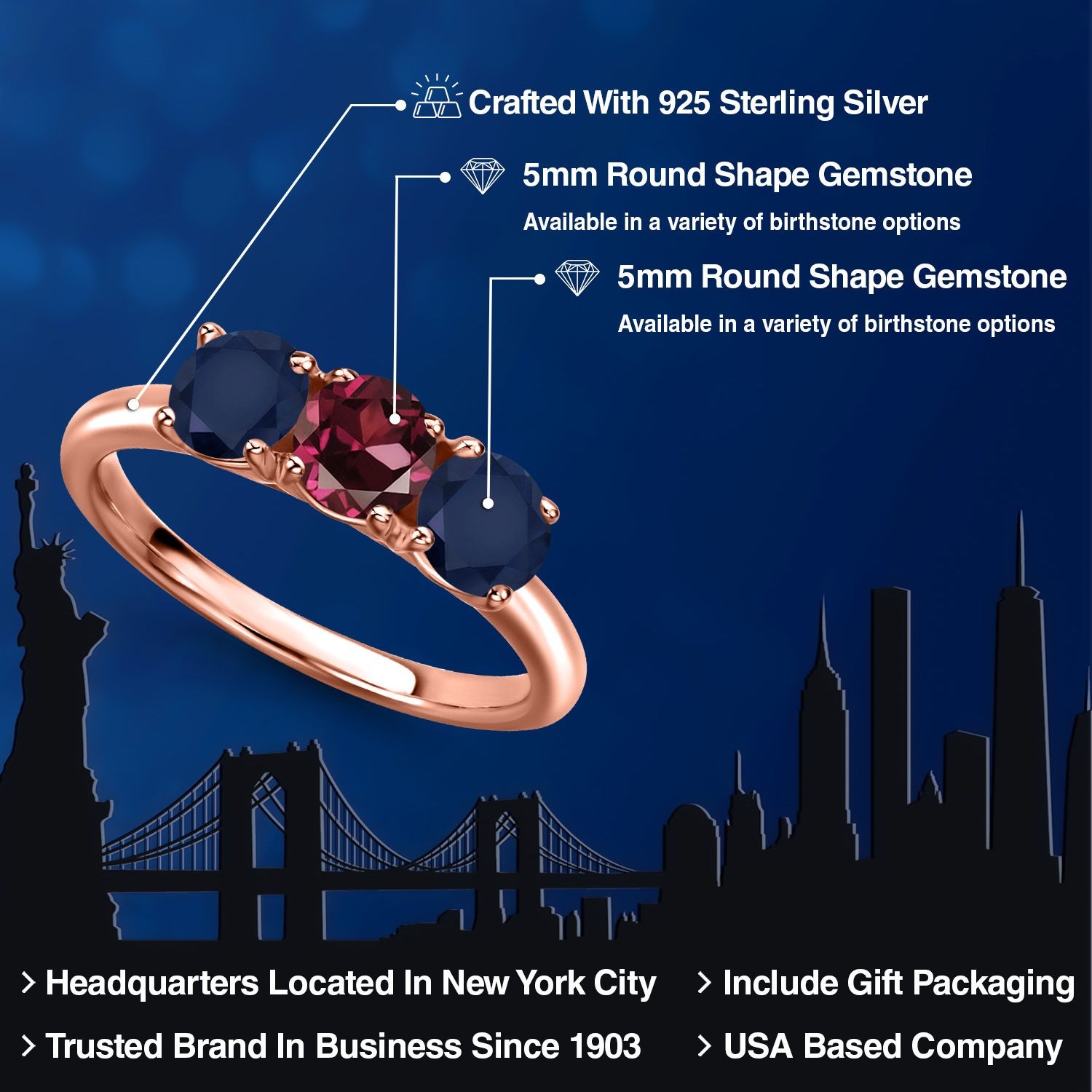 18K Rose Gold Plated Silver Rhodolite Garnet and Sapphire Engagement Ring For