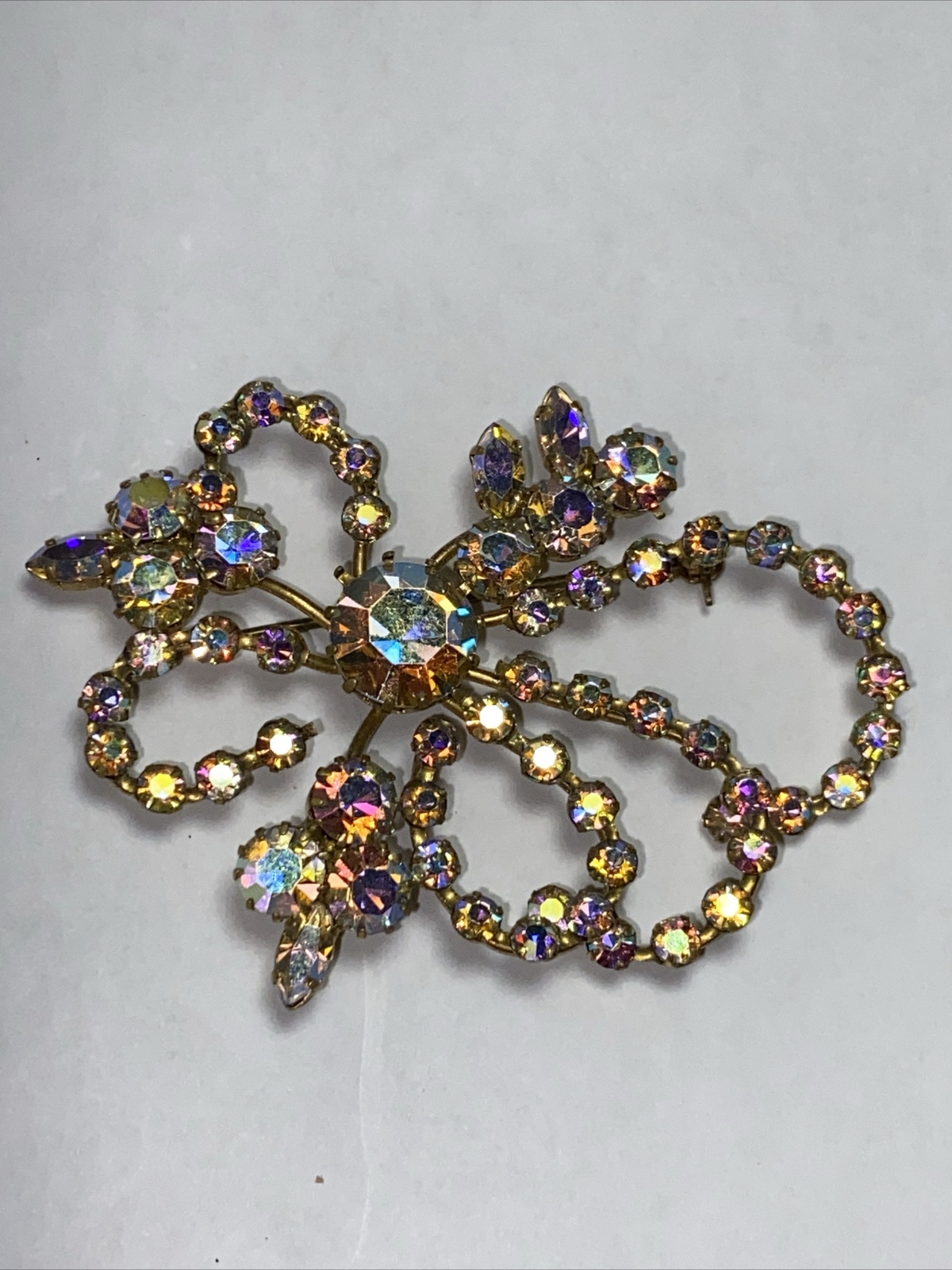 Brooch Pin Austrian Big Aurora Borealis Vintage Beauty 2.75” Colors Signed