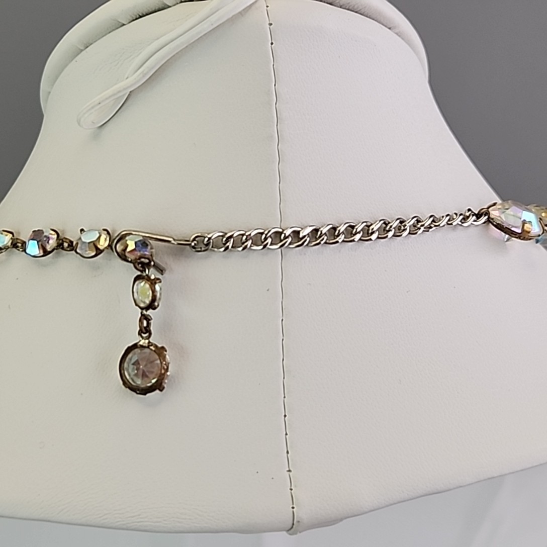 Vintage Open Bezel Necklace Aurora Borealis Round Linked Beads 17″