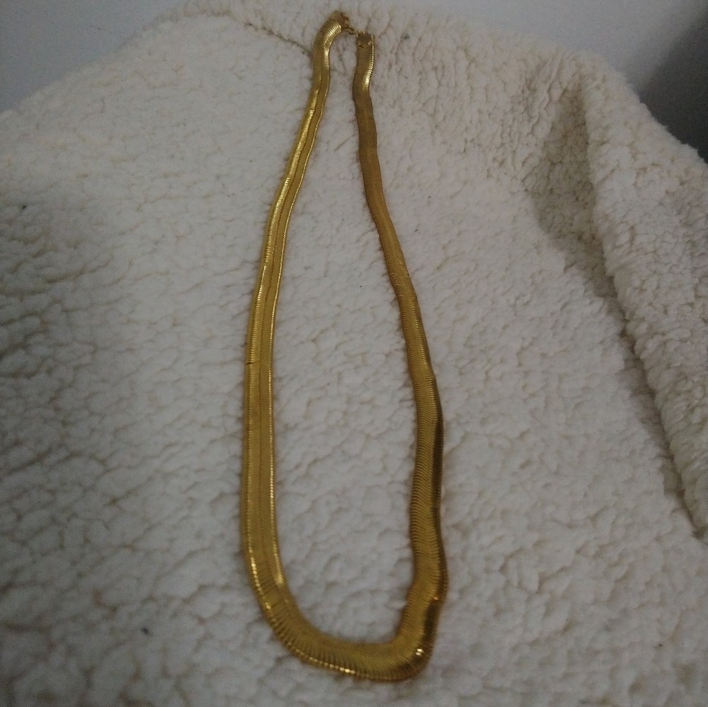 Vintage Gold Tone Wide Omega Herringbone Chain Necklace, Liquid Gold Snake Stran