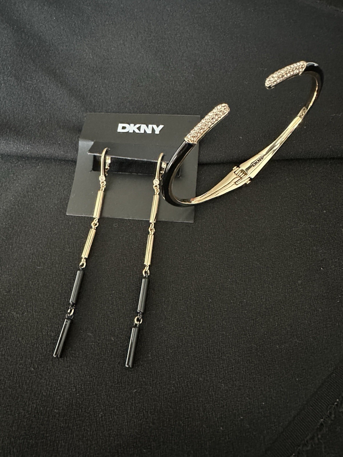 DKNY Set Enamel Bracelet/ Pave Crystals/ Linear Tube Earrings