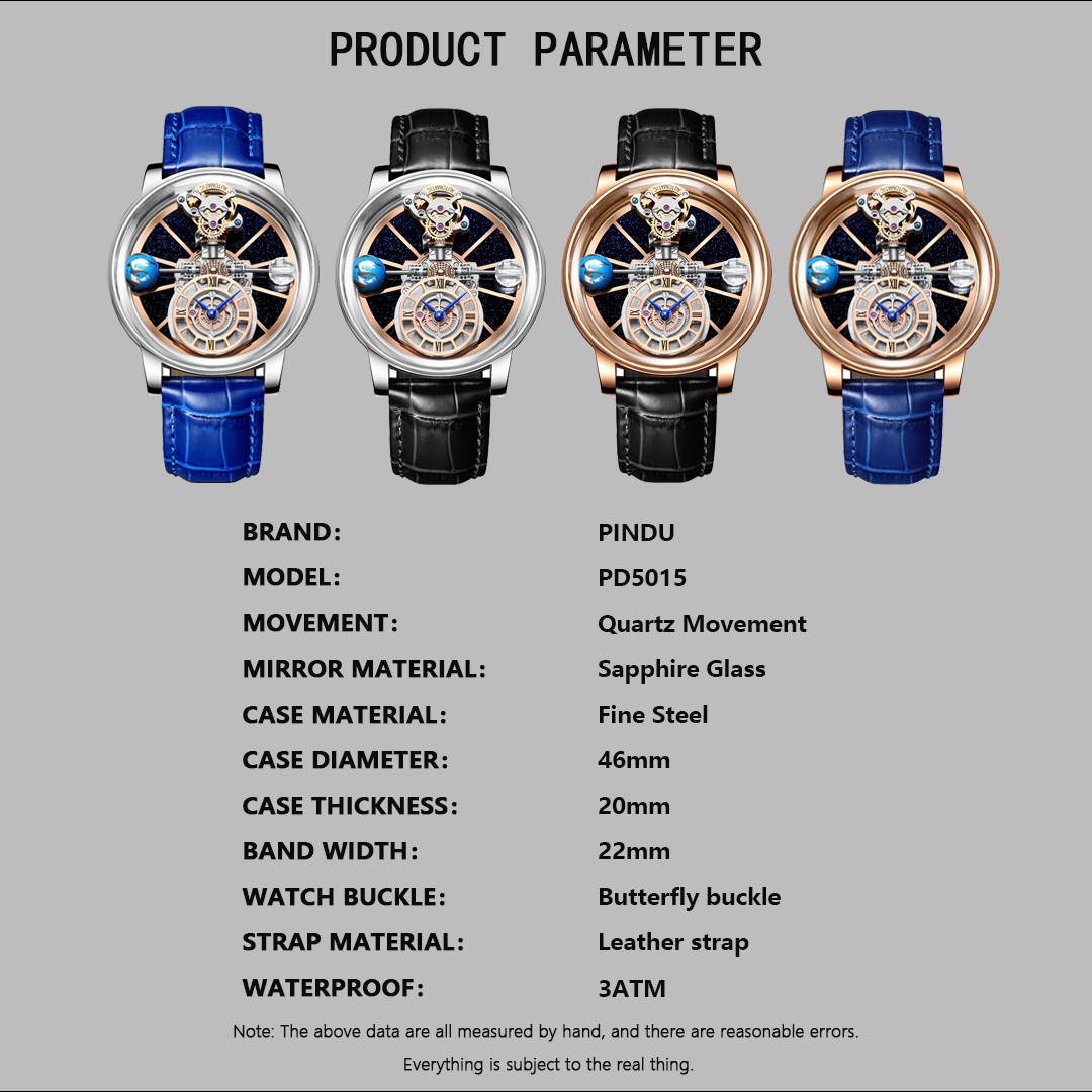 PINDU Men’s Quartz Watch 46mm Steel Case Sapphire Crystal Dress Concise Watch